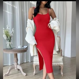Red solid split thigh cami dress